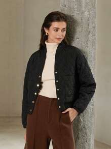 SHEIN Privé 女士时尚优质绗缝轻便短款夹棉外套冬季 - 黑色 - 查看 3