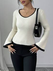 Chiquease Women Contrast Color U Neck Slim Fit Knit Sweater, Autumn/Winter Layering Tee Knit Pullover Fall Outfit - Apricot - View 3