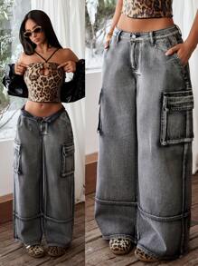 SHEIN ICON Women's Washed Vintage Wide-Leg Cargo Jeans