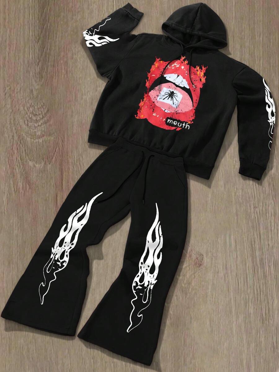 Manfinity EMRG 2pcs Men's Lip Print Hooded Sweatshirt And Drawstring Pants Set