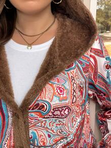 EMERY ROSE Plus Size Paisley Print Thermal Lined Hooded Coat For Autumn/Winter - Multicolor - View 3