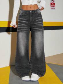 SHEIN ICON Quần Jeans Ống Đứng Túi Màu Tương Phản Thường Ngày - màu đen - Xem 3