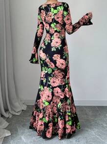 Chiquease Women Full Floral Print Crew Neck Long Sleeve Casual Dress Maxi Women Outfit - Pink - View 2