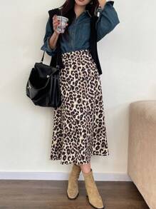DAZY Falda midi de línea A con estampado de leopardo para mujeres