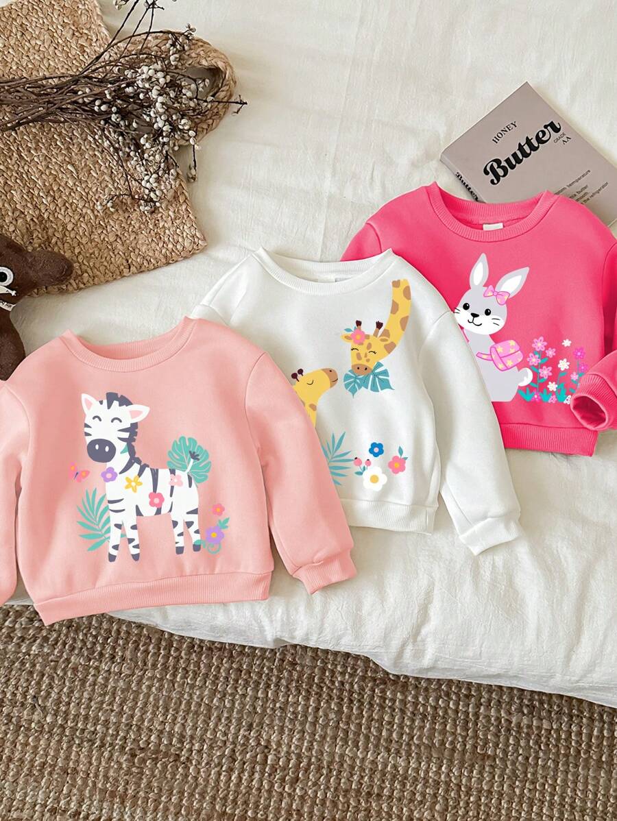 SHEIN ModeFlare Wear 3pcs/Set Cute Animal Print (Rabbit, Giraffe, Zebra) Baby Girl Casual Thickened Long Sleeve Sweatshirt, Suitable For Autumn/Winter - Multicolor - View 1