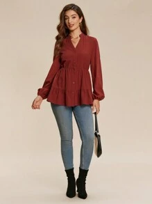 Chiquease Women Casual Ruffled Hem Long Sleeve Blouse, Fall - Red - View 5