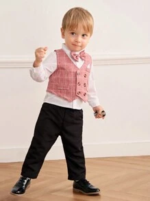 SHEIN 3 pièces/Set Gilet à carreaux pour bébé garçon, chemise à manches longues blanche, ensemble de pantalon noir avec nœud papillon, tenue de gentleman pour les occasions de printemps/automne comme les fêtes, les mariages, le port quotidien et les séances photo - Multicolore - Voir 8