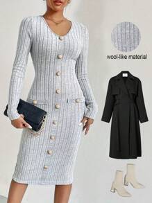 Vestido minifalda de punto elástico de cuello en V para mujer - Gris Claro - Ver 1