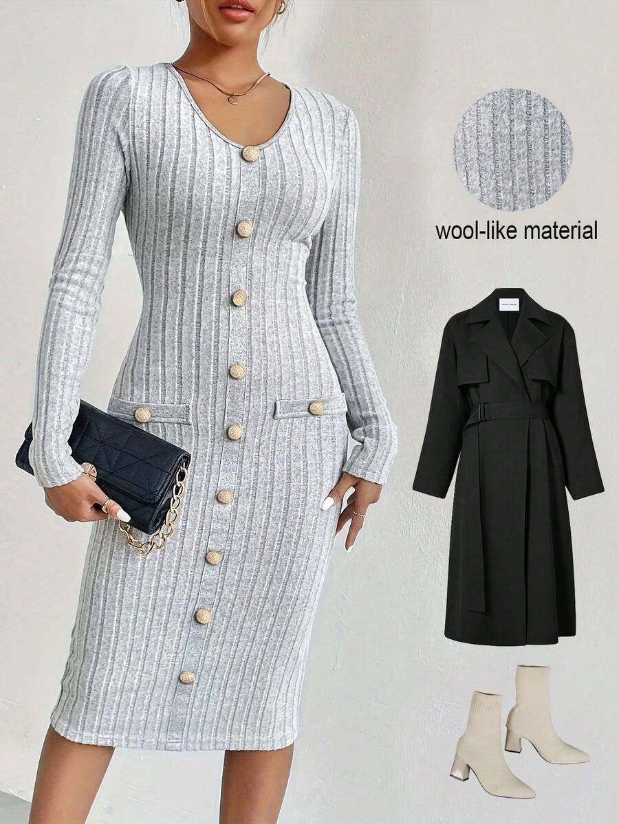 Vestido minifalda de punto elástico de cuello en V para mujer - Gris Claro - Ver 1