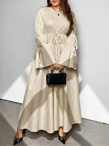 SHEIN Privé Plus Size A-Line Ruched Waist Long Sleeve Round Neck Dress - Apricot - View 1