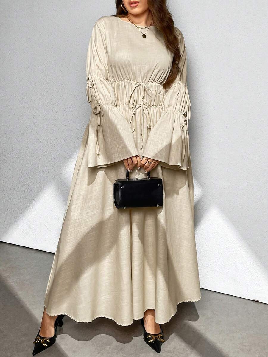 SHEIN Privé Plus Size A-Line Ruched Waist Long Sleeve Round Neck Dress - Apricot - View 1