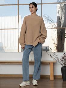 INAWLY 女士纯色不对称肩长袖休闲毛衣