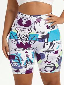 Easithlete Plus Size High Waist Tummy Control Printed Sports Shorts Spandex Short - Multicolor - View 5