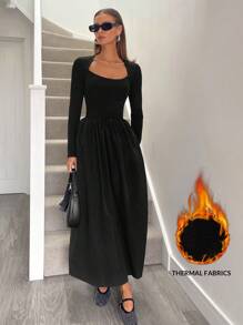 Siren Gaze 女士羊毛衬里保暖长裙，黑色，长袖，口袋，秋季时尚，黑色长袖连衣裙，秋季女装，仙女裙，女士服装，加垫连衣裙，秋季女装 - 黑色 - 查看 4