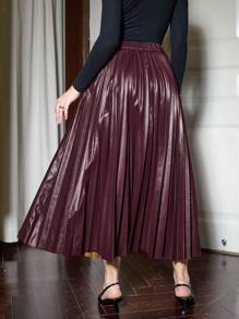 Vintamour Vintage Elegant Women's Pleated PU Leather High Waist Skirt, Retro Elegant Style, Suitable For Casual Or Work Wear, Autumn/Winter Winter Women Clothes Thanksgiving Women Outfit Winter Outfits Women Skirts Christmas Women Clothes Christmas Outfits Christmas Party Skirt Christmas Clothes Holiday