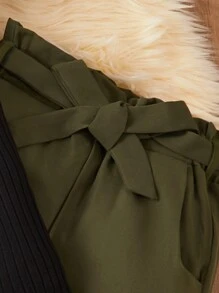 SHEIN 青少年女孩高领荷叶边长袖黑色上衣和系腰绿色裤子优雅 2 件套 - 軍綠色 - 查看 3