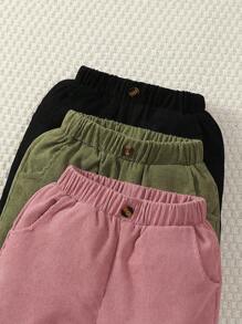 SHEIN 年轻女孩 3 件套儿童纯色松紧腰灯芯绒慢跑裤，秋冬 - 彩色 - 查看 3