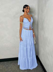 SHEIN BAE Women's Summer Beach Vacation Romantic Date Everyday Wear Sling Lace Splice Tie Top + Low Waist Ruched Holiday A-Line Super Long Dress Linen Fabric Set