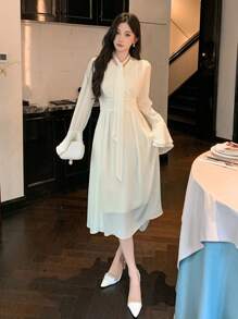 DAZY Solid Color V-Neck 3D Floral Decor Midi Dress For Women, Birthday Prom Dress,Ruffle,Fall Clothes Long Sleeve Dress Elegant Women Dresses - Beige - View 6