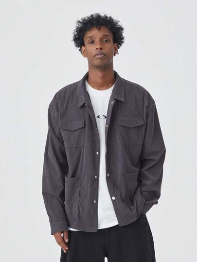 Street Life 1pc Men's Solid Color Front Button Pocket Casual Long Sleeve Jacket