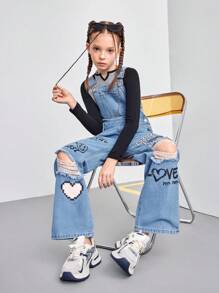 Tween Girl 休闲百搭简约个性街头印花水洗舒适蓝色牛仔连体裤和背带裤，四季百搭 - 中等水洗藍 - 查看 4