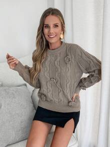 SHEIN LUNE Fall/Winter Thick Crewneck Sweater Woman 3D Flower Crochet Sweaters Long Sleeve Knit Jumper - Light Grey - View 5