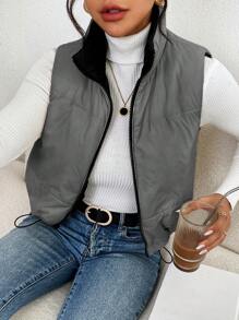 SHEIN Frenchy Women's Solid Color Zip Up Front Sleeveless Casual Padded Coat In Fall/Winter - Grey - View 5