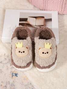 蓬松图案舒适一脚蹬圣诞儿童室内拖鞋、学生/家居服 - 咖啡棕 - 查看 5