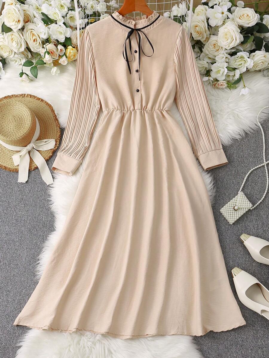SHEIN Clasi Women's Elegant Tie Collar Color-Block Pleated Long Sleeve Dress Maxi Women Outfit