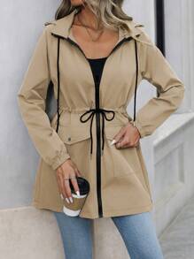 SHEIN LUNE 1pc Women Regular Hooded Cinched Waist Jacket - Khaki - View 4