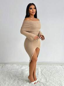 VaVaBold Off-The-Shoulder Layered Design Slit Fitted Sweater Dress - Khaki - View 5