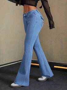 SHEIN ICON Cross Embroidered Washed Flared Leg Jeans, Casual & Versatile, Suitable For Spring & Autumn