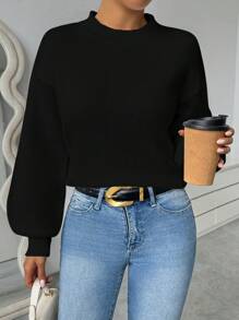 Chiquease Áo len nữ cổ đứng, vai rớt, tay dài, dáng rộng, chất liệu dệt kim, thích hợp cho mùa thu/đông. - màu đen - Xem 4