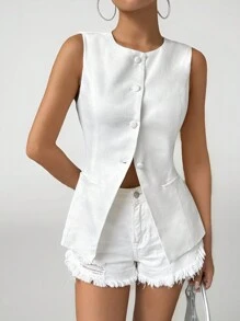 SHEIN PETITE Solid Round Neck Button Front Vest Blazer In Fall/Winter - White - View 1