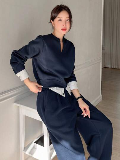 DAZY 女士休闲V领撞色拼接卫衣裤套装（2件套），秋季女装运动套装家居服套装