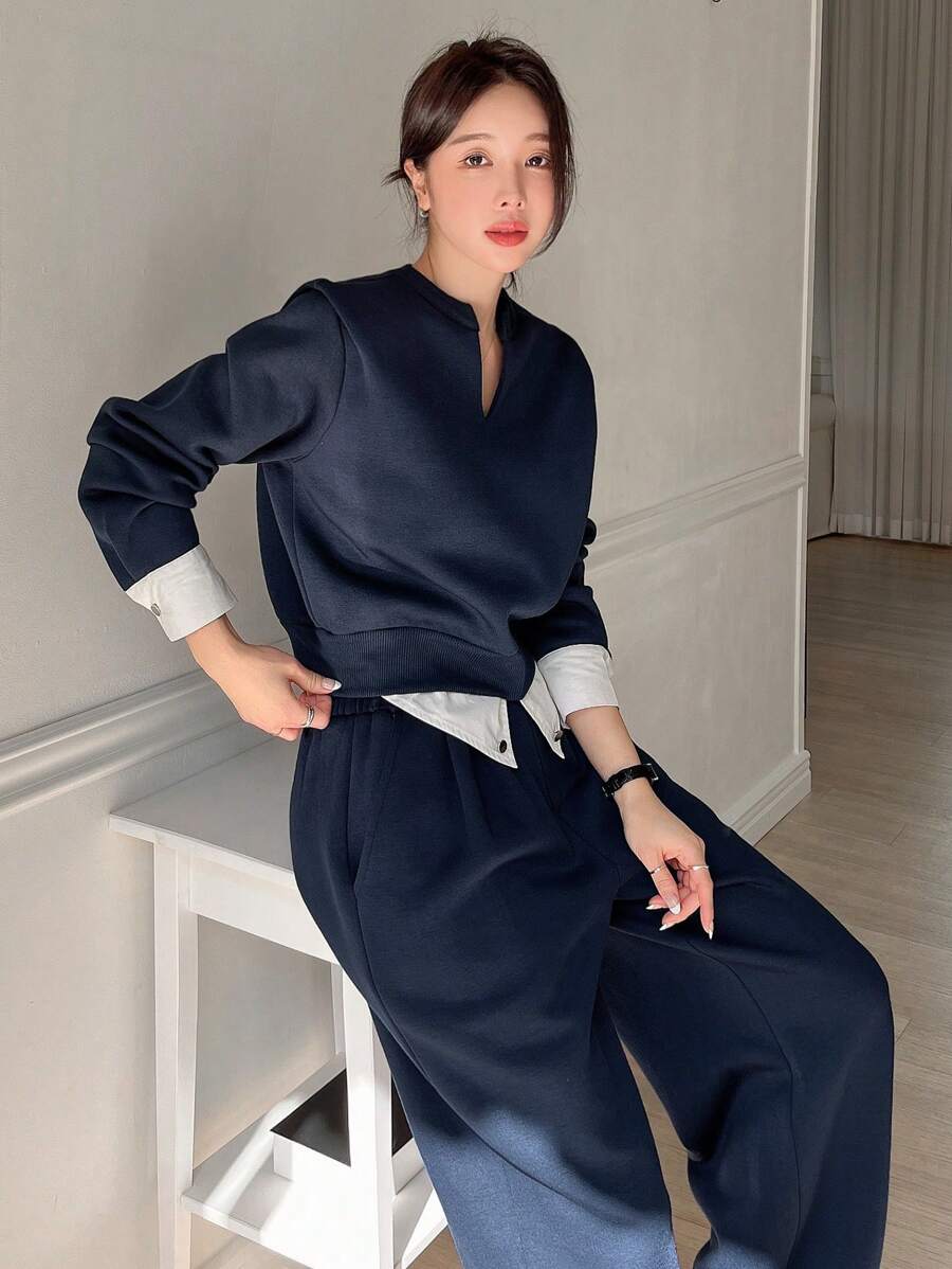 DAZY 女士休闲V领撞色拼接卫衣裤套装（2件套），秋季女装运动套装家居服套装