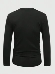 Manfinity Homme Men Casual Plain Half Button Up Long Sleeve T-Shirt, Spring/Autumn, Black Plain Casual Work Long Sleeve T-Shirt, Boyfriend Gift
