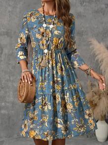 EMERY ROSE 女式花卉印花圆领 3/4 袖荷叶边下摆中长休闲连衣裙，适合秋季 - 藍色 - 查看 6