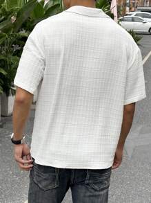 Manfinity Homme Manfinity CasualCool 1 件男士休闲纯色纹理翻领纯色短袖衬衫，男友礼物，圣诞礼物白色纽扣男士衬衫，提花面料，适合男友礼物 - 白色 - 查看 2