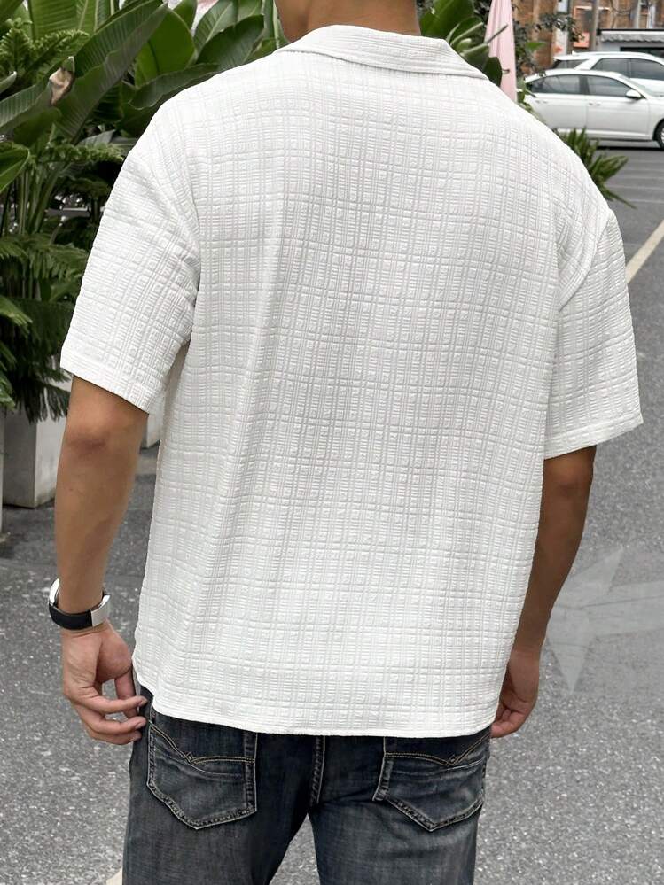 Manfinity Homme Manfinity CasualCool 1 件男士休闲纯色纹理翻领纯色短袖衬衫，男友礼物，圣诞礼物白色纽扣男士衬衫，提花面料，适合男友礼物 - 白色 - 查看 2