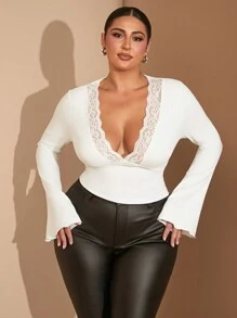 SHEIN BAE Plus Size Women Slim Fit V-Neck Lace Trim Solid Color Long Sleeve Top T-Shirt, Suitable For Autumn & Winter