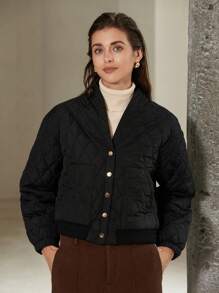 SHEIN Privé 女士时尚优质绗缝轻便短款夹棉外套冬季 - 黑色 - 查看 7