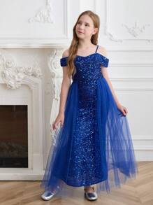 SHEIN 优雅蓝色细肩带连衣裙，适合少女穿着，无袖长款正式礼服，适合晚会、万圣节、圣诞节、生日、节日等场合 - 藍色 - 查看 4