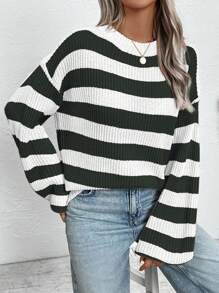 Calvaya 大码圆领长袖条纹毛衣，适合日常休闲穿着，针织套头衫，秋冬季款 - 黑與白 - 查看 3