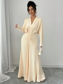 Chiquease V-Neck Pleated Ruffle Hem Solid Color Long Dress, For Women, Winter Maxi Women Outfit - Apricot - View 3