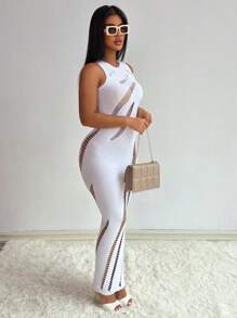 VaVaBold Women Hollow Out Round Neck Sleeveless Bodycon Sexy Fashion Mesh Dress Maxi Women Outfit