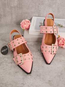 SHUZIA 女式宽版粉色 Pat 露跟尖头平底鞋：全天舒适，配有粗扣、索环，精致朋克风格，适合秋冬季节的圣诞假期度假氛围 - 粉色 - 查看 5