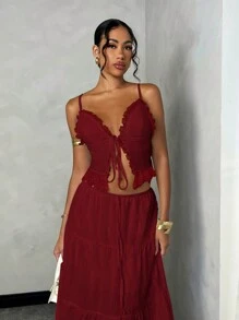 SHEIN BAE 女士夏季海滩度假浪漫约会日常穿着吊带背心蕾丝贴片系带短款上衣 + 低腰褶皱长裙套装，白色亚麻面料