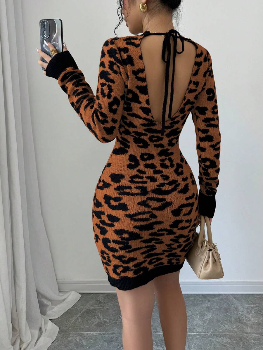 Selianne 1pc Women's Autumn Long Sleeve Fitted Fashionable Leopard Print Backless Sweater Dress Fall Cloth For Women - Coffee Brown - View 1
