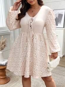 Flirla Plus Size Color Block Lace-Up Front Long Sleeve Casual Dress - Apricot - View 1